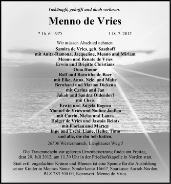 Traueranzeige von Menno de Vries von Ostfriesischer Kurier GmbH
