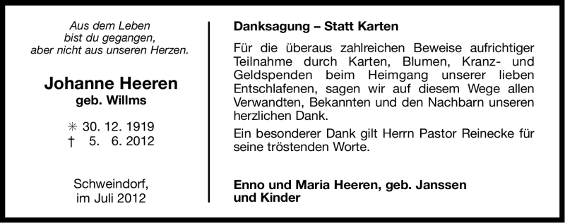  Traueranzeige für Johanne Heeren vom 21.07.2012 aus Ostfriesischer Kurier GmbH