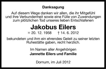 Traueranzeige von Jakobus Eilers von Ostfriesischer Kurier GmbH