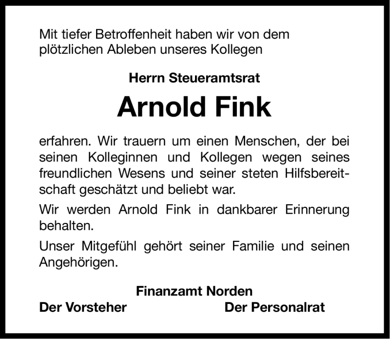  Traueranzeige für Arnold Fink vom 20.07.2012 aus Ostfriesischer Kurier GmbH