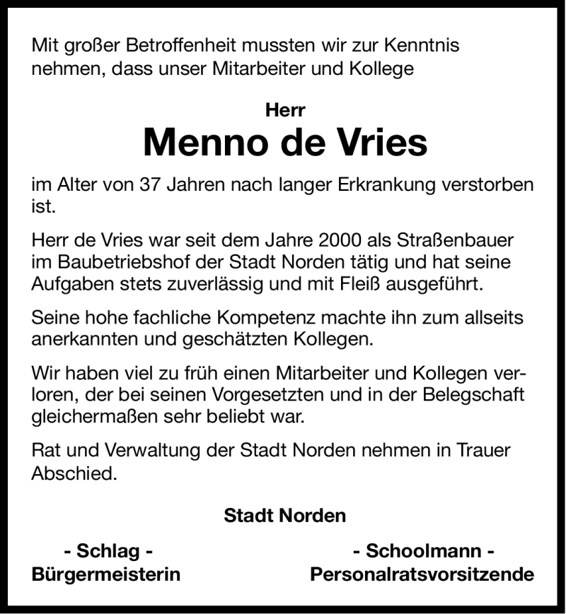  Traueranzeige für Menno de Vries vom 20.07.2012 aus Ostfriesischer Kurier GmbH
