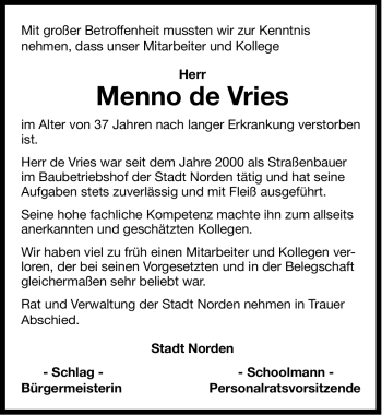 Traueranzeige von Menno de Vries von Ostfriesischer Kurier GmbH