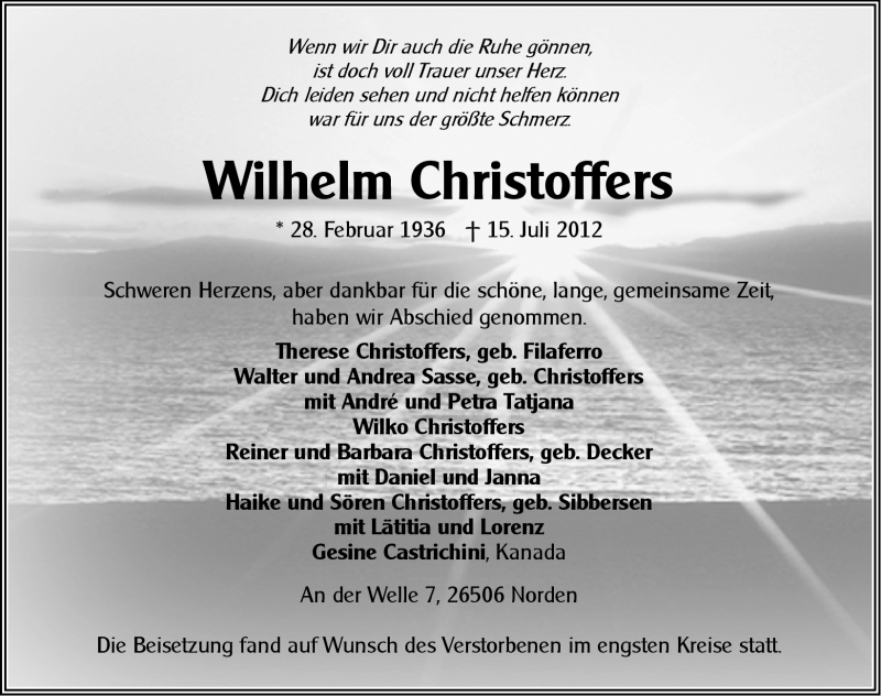  Traueranzeige für Wilhelm Christoffers vom 20.07.2012 aus Ostfriesischer Kurier GmbH
