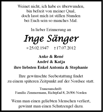 Traueranzeige von Inge Sänger von Ostfriesischer Kurier GmbH