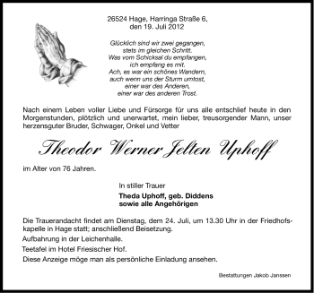 Traueranzeige von Theodor Werner Jelten Uphoff von Ostfriesischer Kurier GmbH