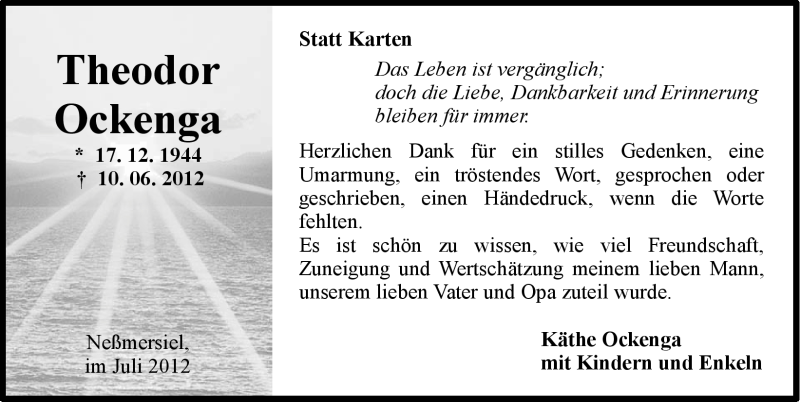  Traueranzeige für Theodor Ockenga vom 21.07.2012 aus Ostfriesischer Kurier GmbH