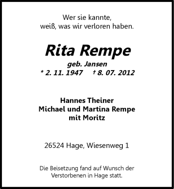 Traueranzeige von Rita Rempe von Ostfriesischer Kurier GmbH