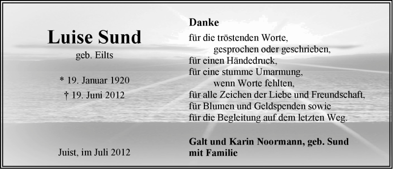  Traueranzeige für Luise Sund vom 21.07.2012 aus Ostfriesischer Kurier GmbH