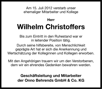 Traueranzeige von Wilhelm Christoffers von Ostfriesischer Kurier GmbH