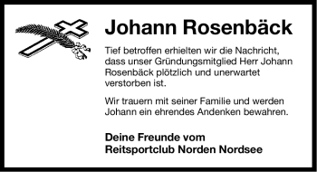 Traueranzeige von Johann Rosenbäck von Ostfriesischer Kurier GmbH