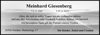Traueranzeige von Meinhard Giesenberg von Ostfriesischer Kurier GmbH