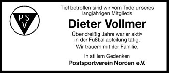 Traueranzeige von Dieter Vollmer von Ostfriesischer Kurier GmbH