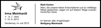 Traueranzeige von Irma Meinhardt von Ostfriesischer Kurier GmbH