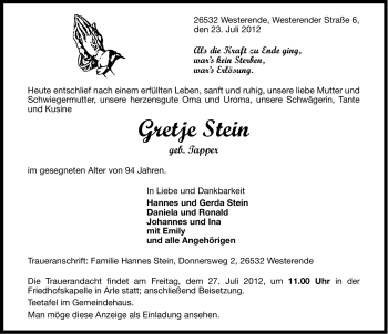 Traueranzeige von Gretje Stein von Ostfriesischer Kurier GmbH