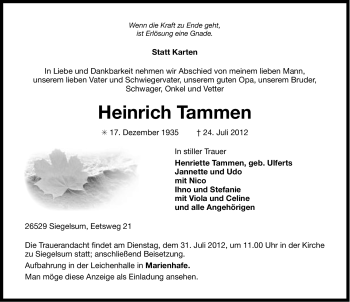 Traueranzeige von Heinrich Tammen von Ostfriesischer Kurier GmbH