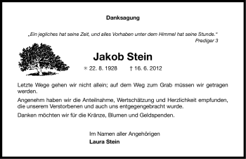 Traueranzeige von Jakob Stein von Ostfriesischer Kurier GmbH