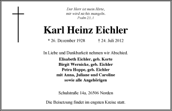 Traueranzeige von Karl Heinz Eichler von Ostfriesischer Kurier GmbH