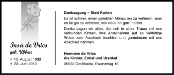 Traueranzeige von Insa de Vries von Ostfriesischer Kurier GmbH