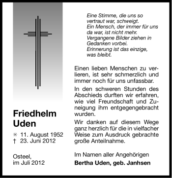 Traueranzeige von Friedhelm Uden von Ostfriesischer Kurier GmbH