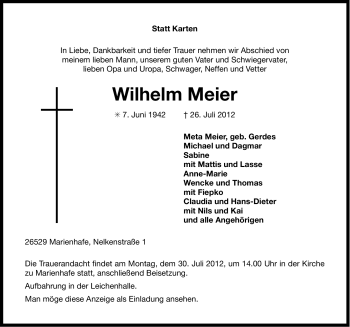 Traueranzeige von Wilhelm Meier von Ostfriesischer Kurier GmbH