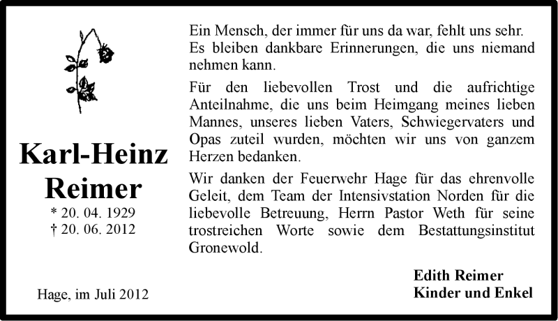  Traueranzeige für Karl-Heinz Reimer vom 28.07.2012 aus Ostfriesischer Kurier GmbH