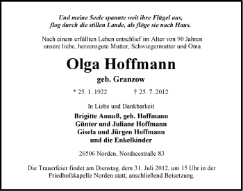 Traueranzeige von Olga Hoffmann von Ostfriesischer Kurier GmbH