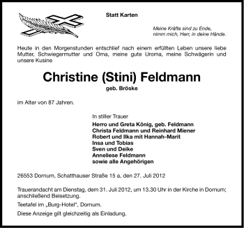 Traueranzeige von Christine Feldmann von Ostfriesischer Kurier GmbH