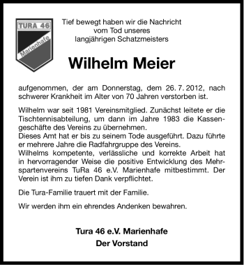 Traueranzeige von Wilhelm Meier von Ostfriesischer Kurier GmbH