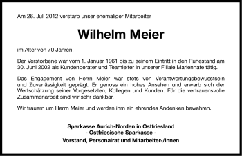 Traueranzeige von Wilhelm Meier von Ostfriesischer Kurier GmbH