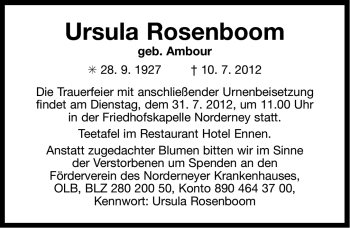 Traueranzeige von Ursula Rosenboom von Ostfriesischer Kurier GmbH