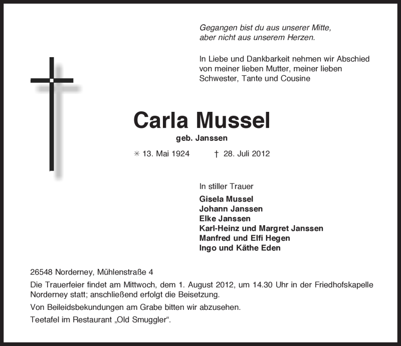  Traueranzeige für Carla Mussel vom 31.07.2012 aus Ostfriesischer Kurier GmbH