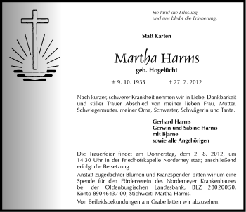 Traueranzeige von Martha Harms von Ostfriesischer Kurier GmbH