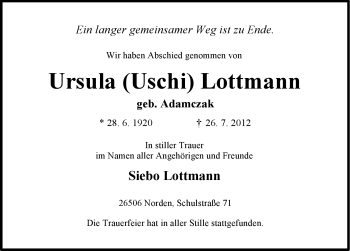 Traueranzeige von Ursula Lottmann von Ostfriesischer Kurier GmbH