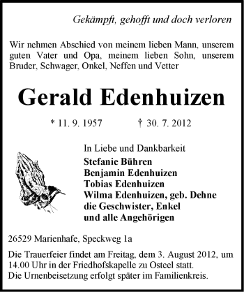 Traueranzeige von Gerald Edenhuizen von Ostfriesischer Kurier GmbH