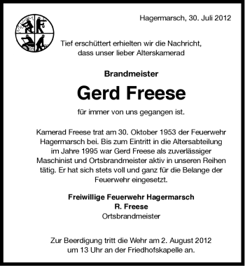 Traueranzeige von Gerd Freese von Ostfriesischer Kurier GmbH