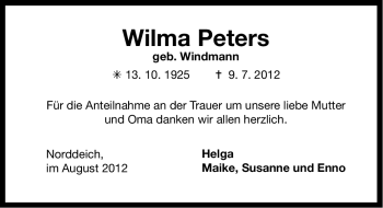Traueranzeige von Wilma Peters von Ostfriesischer Kurier GmbH