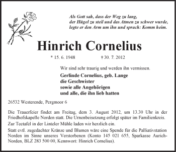 Traueranzeige von Hinrich Cornelius von Ostfriesischer Kurier GmbH