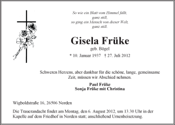 Traueranzeige von Gisela Früke von Ostfriesischer Kurier GmbH