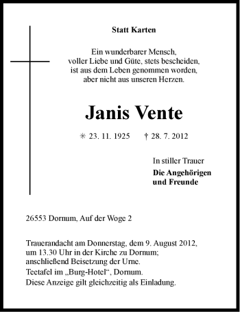 Traueranzeige von Janis Vente von Ostfriesischer Kurier GmbH