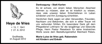 Traueranzeige von Heye de Vries von Ostfriesischer Kurier GmbH