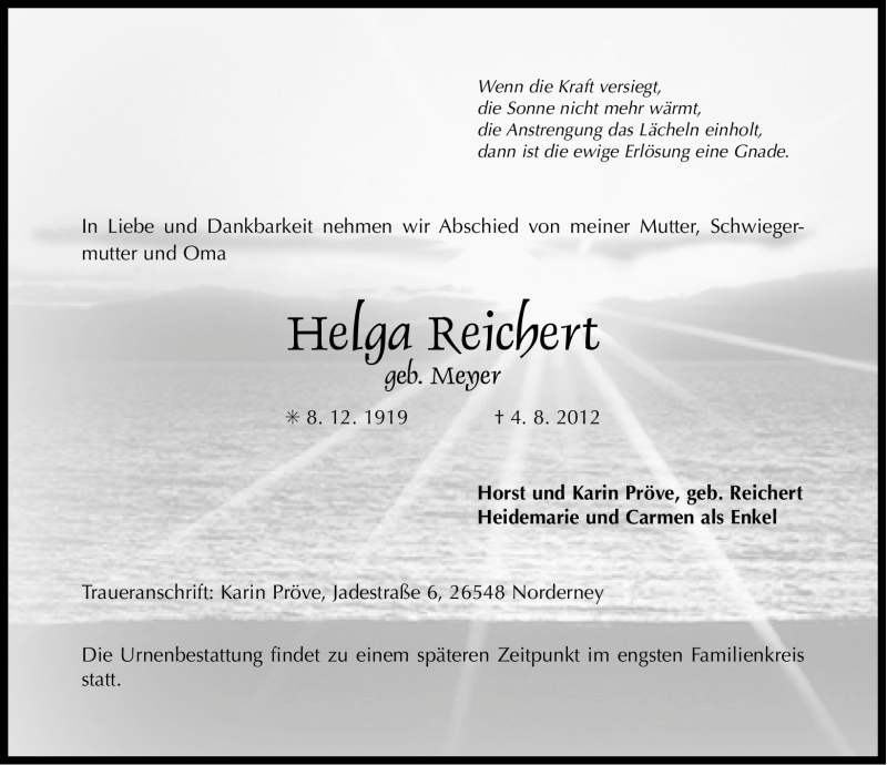  Traueranzeige für Helga Reichert vom 07.08.2012 aus Ostfriesischer Kurier GmbH