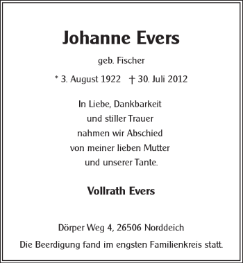 Traueranzeige von Johanne Evers von Ostfriesischer Kurier GmbH