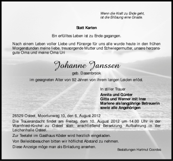 Traueranzeige von Johanne Janssen von Ostfriesischer Kurier GmbH