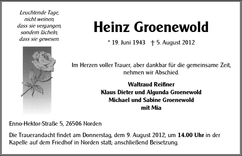  Traueranzeige für Heinz Groenewold vom 07.08.2012 aus Ostfriesischer Kurier GmbH