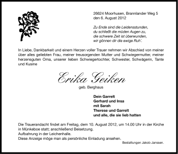 Traueranzeige von Erika Geiken von Ostfriesischer Kurier GmbH