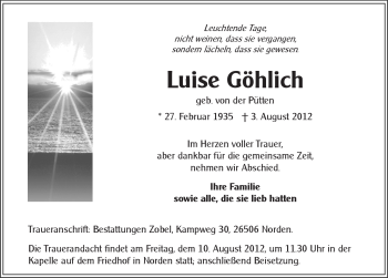 Traueranzeige von Erika Göhlich von Ostfriesischer Kurier GmbH