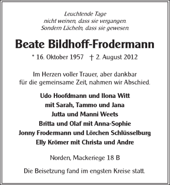 Traueranzeige von Beate Bildhoff-Frodermann von Ostfriesischer Kurier GmbH