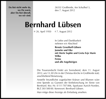Traueranzeige von Bernhard Lübsen von Ostfriesischer Kurier GmbH