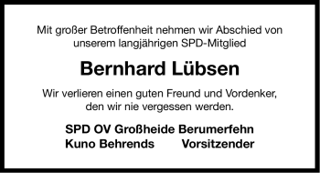 Traueranzeige von Bernhard Lübsen von Ostfriesischer Kurier GmbH