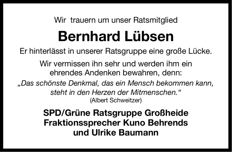  Traueranzeige für Bernhard Lübsen vom 09.08.2012 aus Ostfriesischer Kurier GmbH